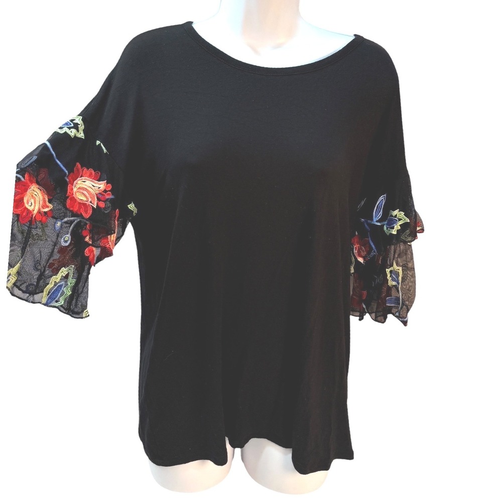 Kim & Cami Black Top Large Embroidered Floral Mesh Flutter Sleeve Boho Blouse